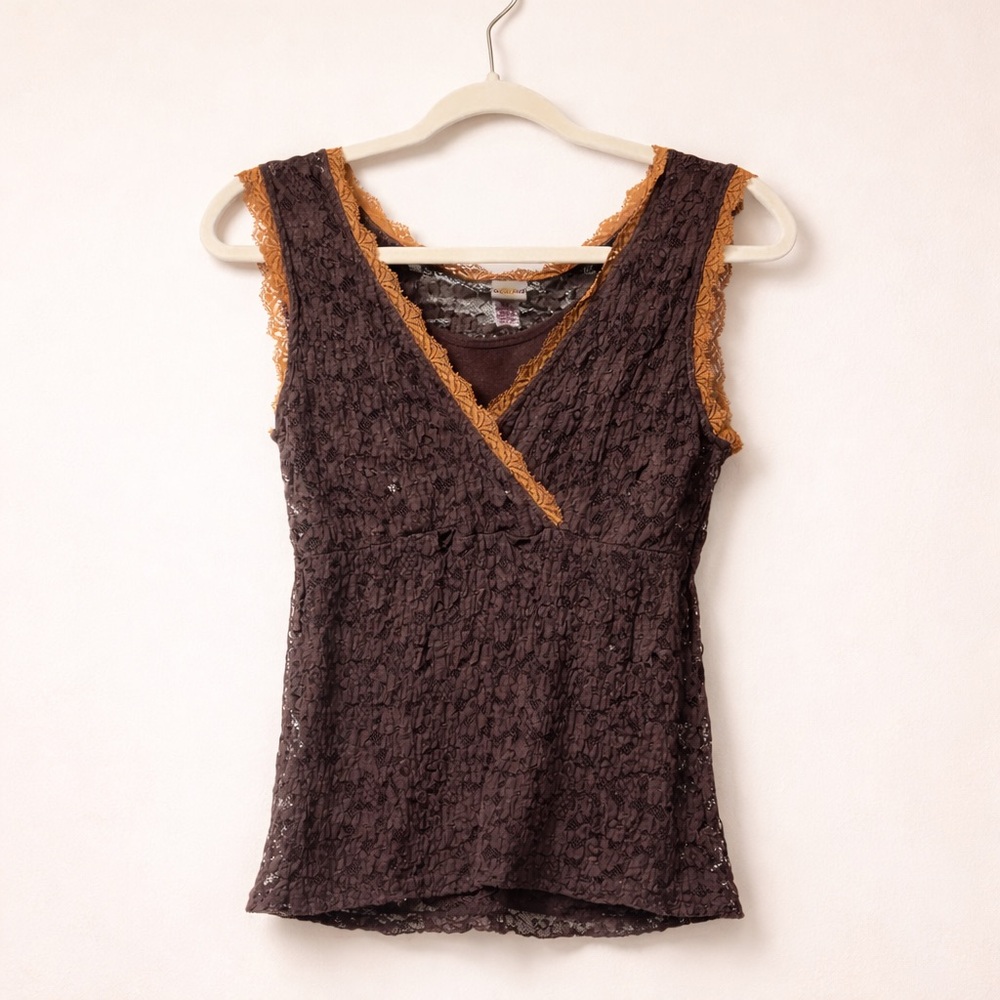 Covington Lace Tank Top Brown & Copper Trim Y2K Boho Sleeveless Blouse Size M